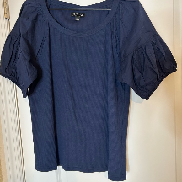 J. Crew Blue Ruffled Blouse with Short Sleeves and Wide Neckline - Picture 1 of 4